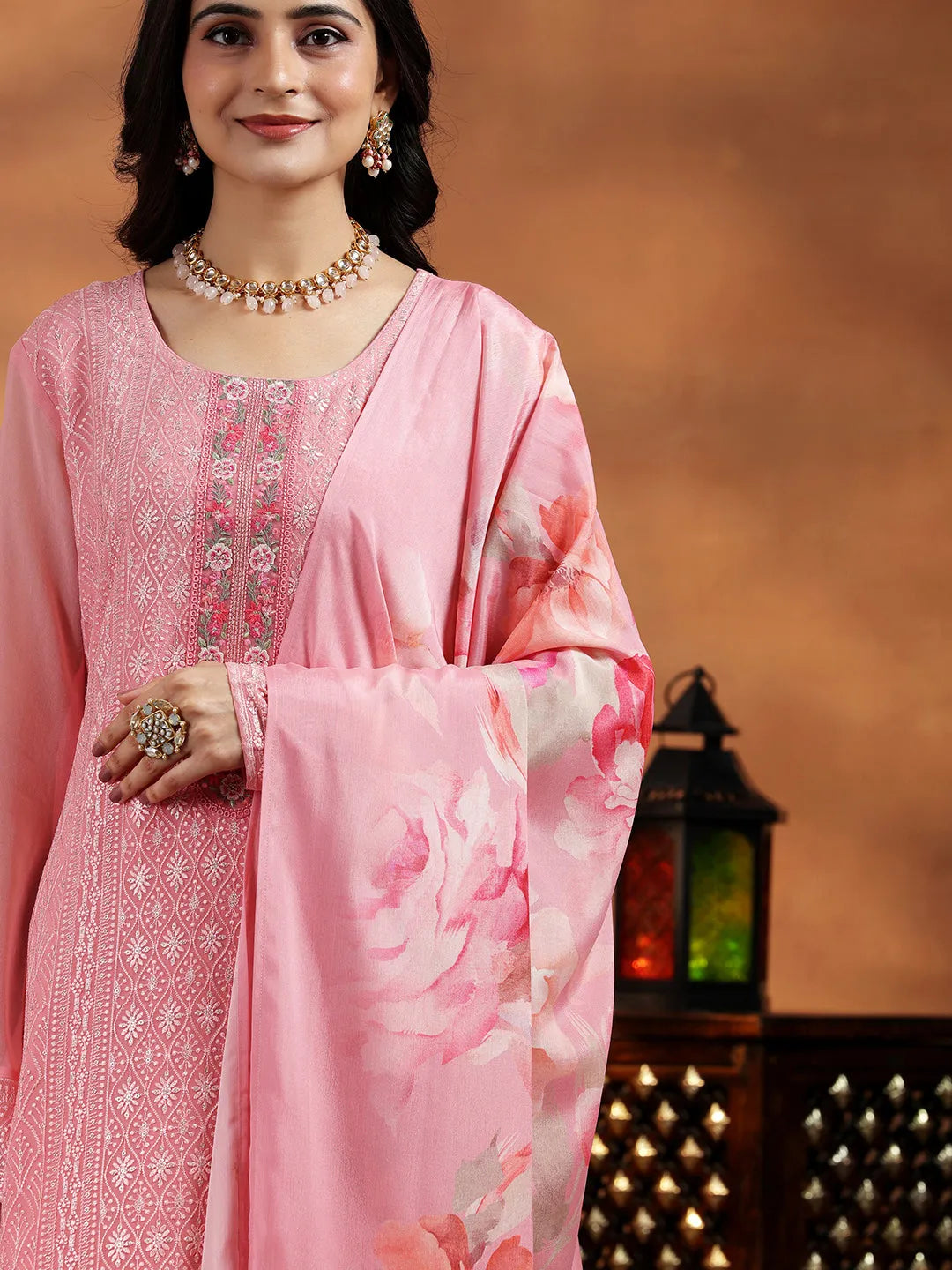 Libas Peach Embroidered Georgette Straight Suit With Dupatta