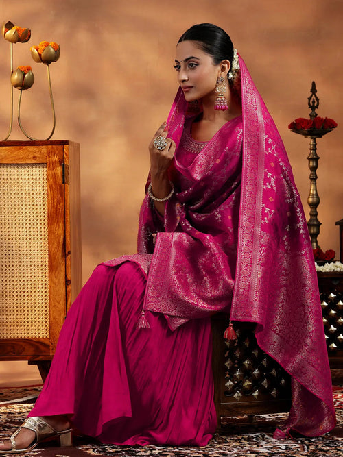 Libas Pink Woven Design Silk Blend Straight Suit With Dupatta