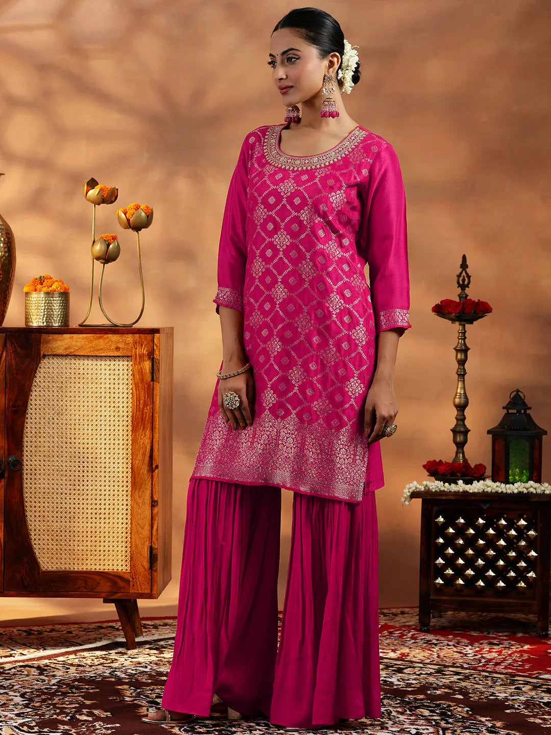 Libas Pink Woven Design Silk Blend Straight Suit With Dupatta