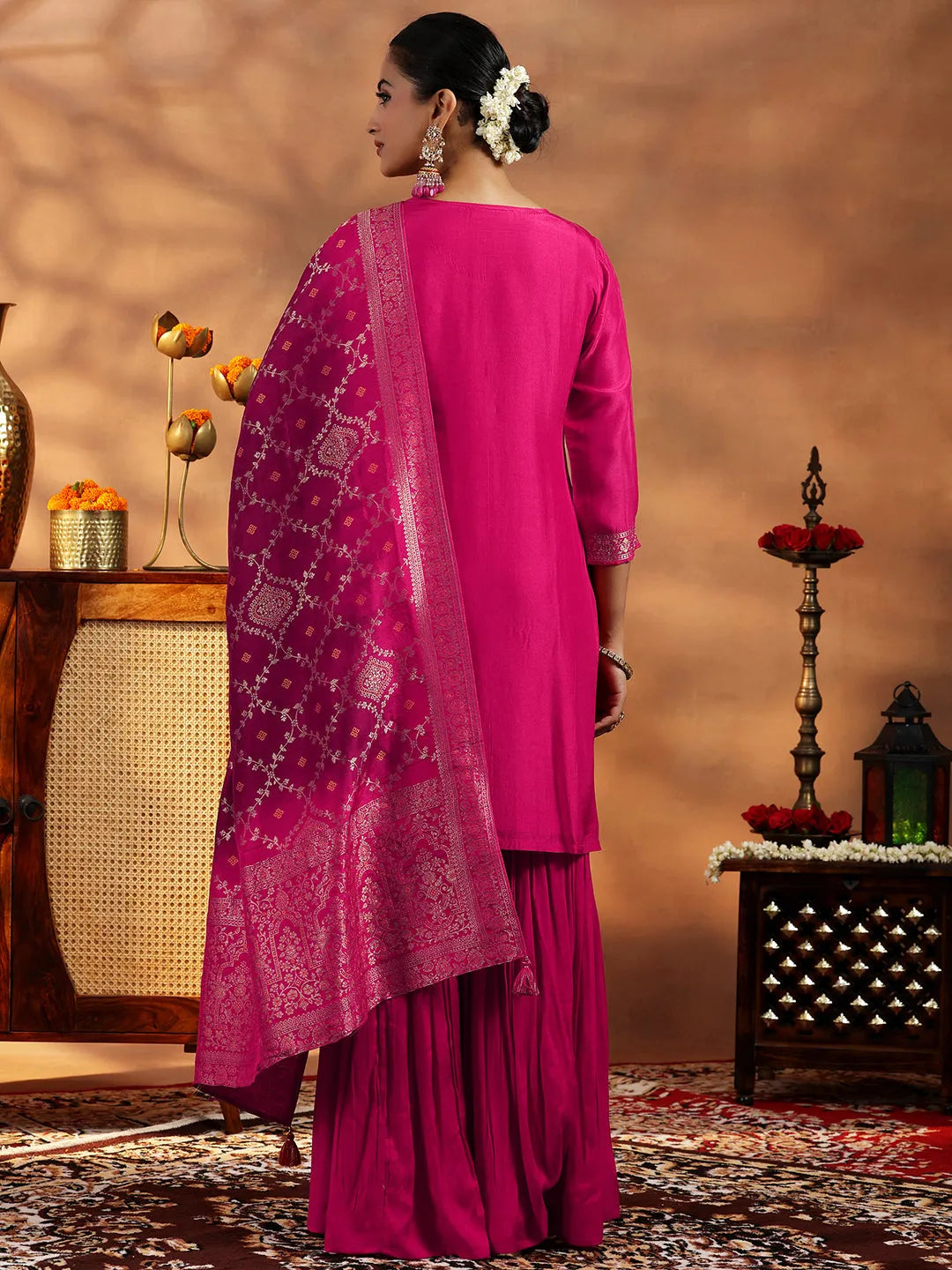 Libas Pink Woven Design Silk Blend Straight Suit With Dupatta