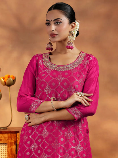Libas Pink Woven Design Silk Blend Straight Suit With Dupatta