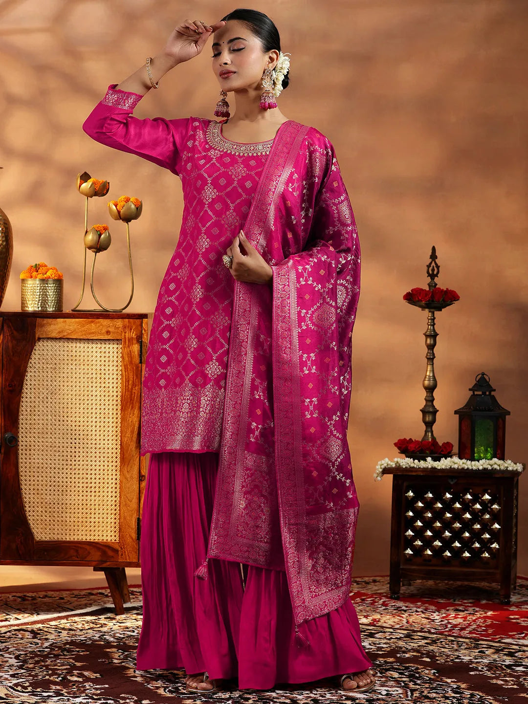 Libas Pink Woven Design Silk Blend Straight Suit With Dupatta