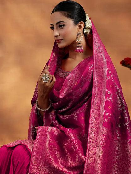 Libas Pink Woven Design Silk Blend Straight Suit With Dupatta