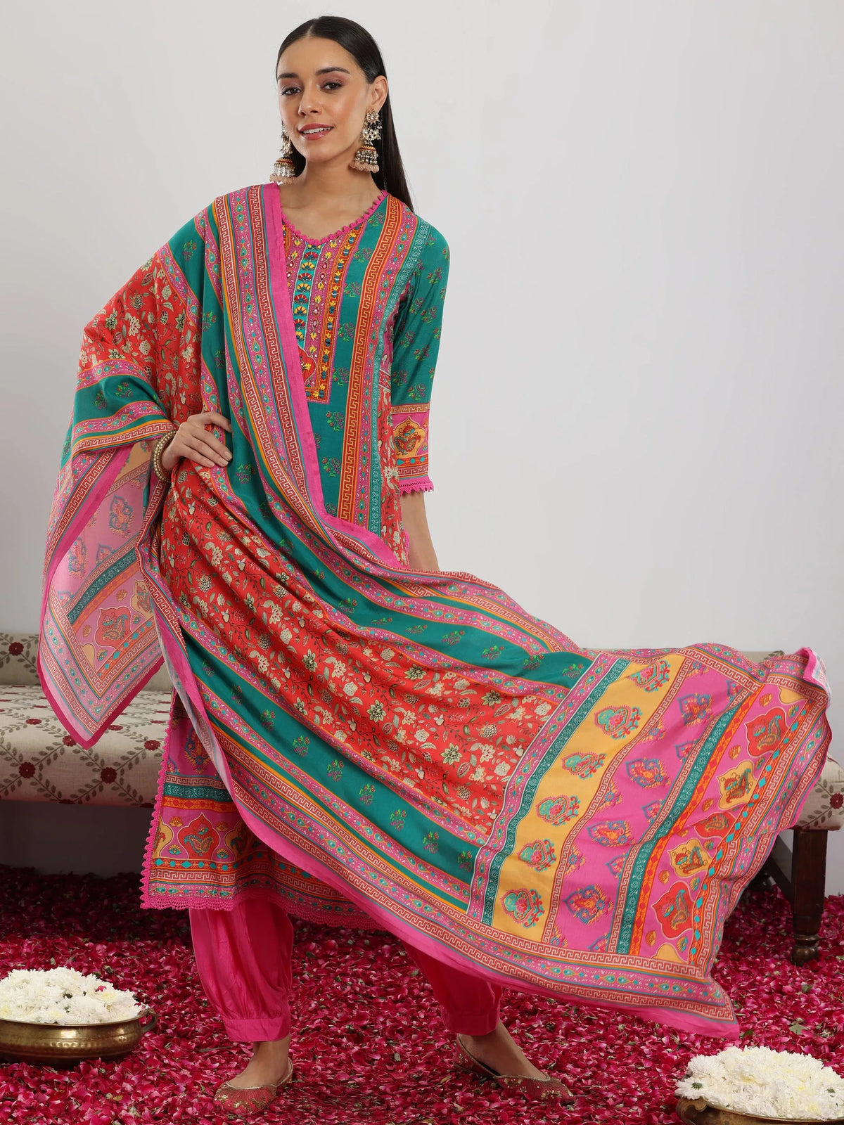 Libas Multi Printed Silk Blend Straight Suit With Dupatta