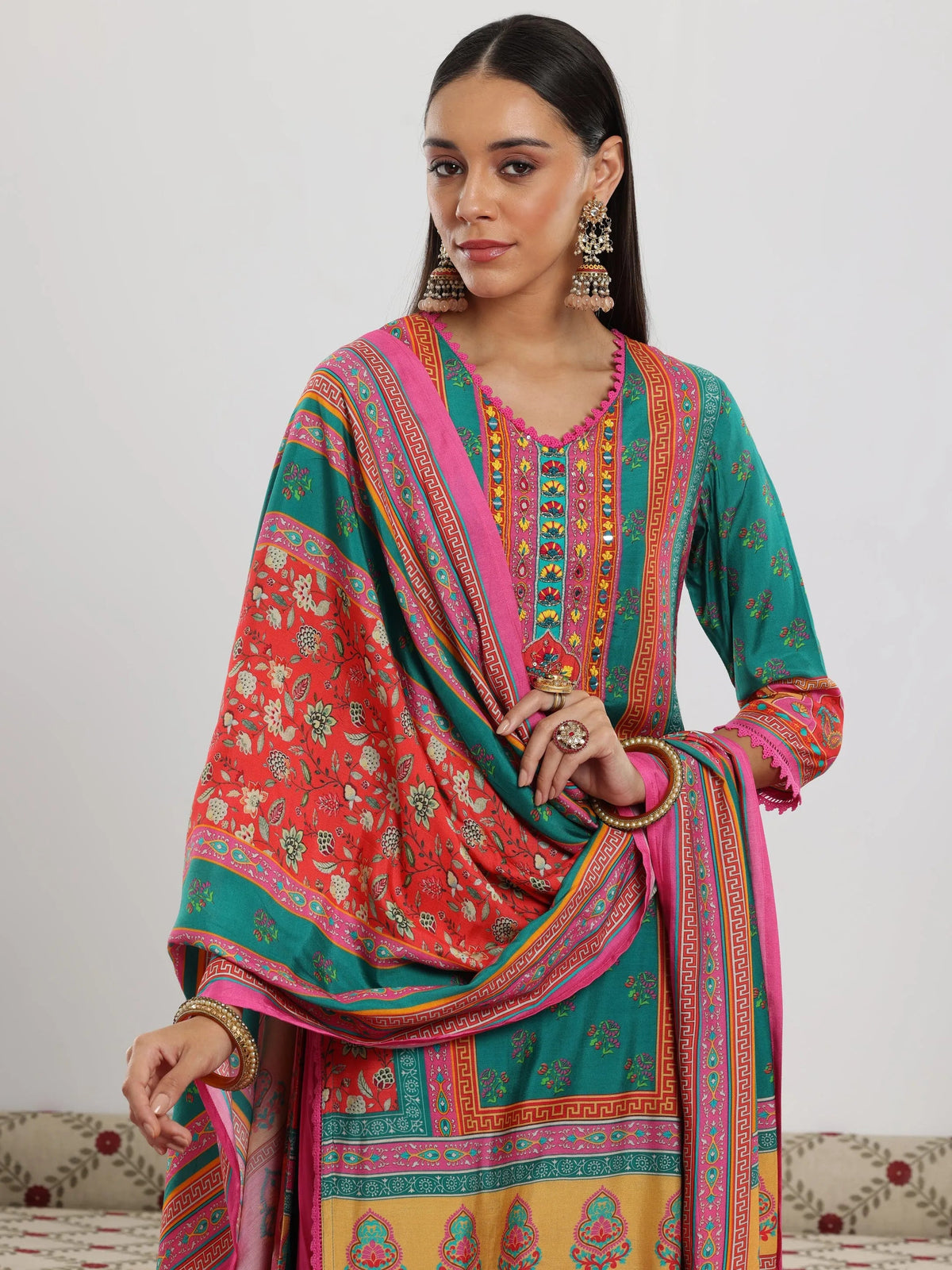 Libas Multi Printed Silk Blend Straight Suit With Dupatta