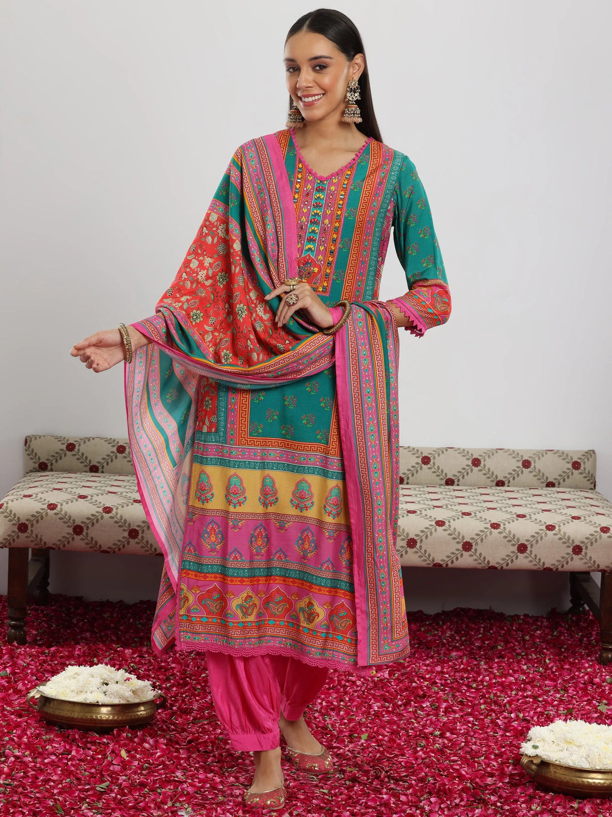 Libas Multi Printed Silk Blend Straight Suit With Dupatta