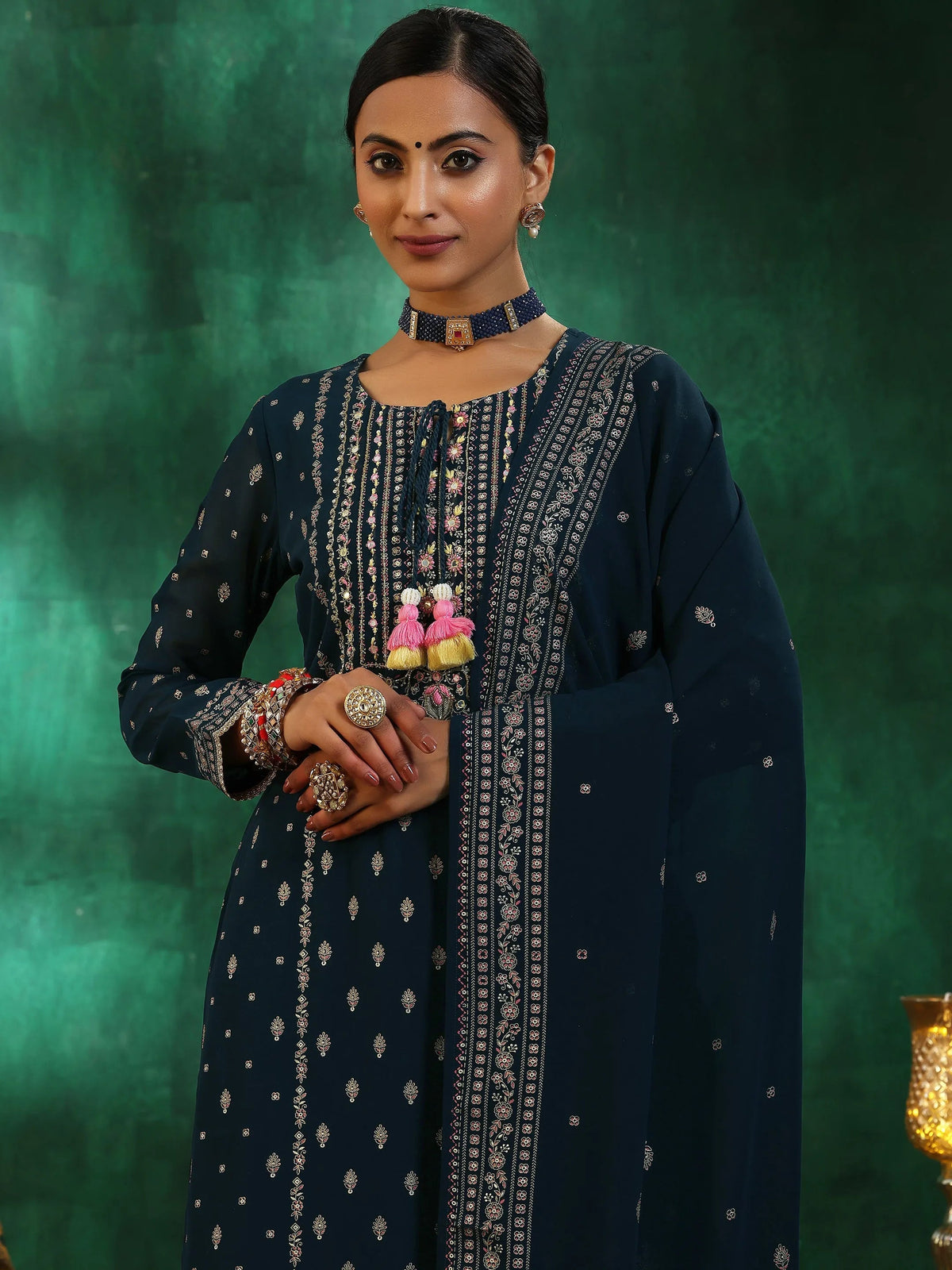 Libas Blue Printed Georgette Straight Suit With Dupatta