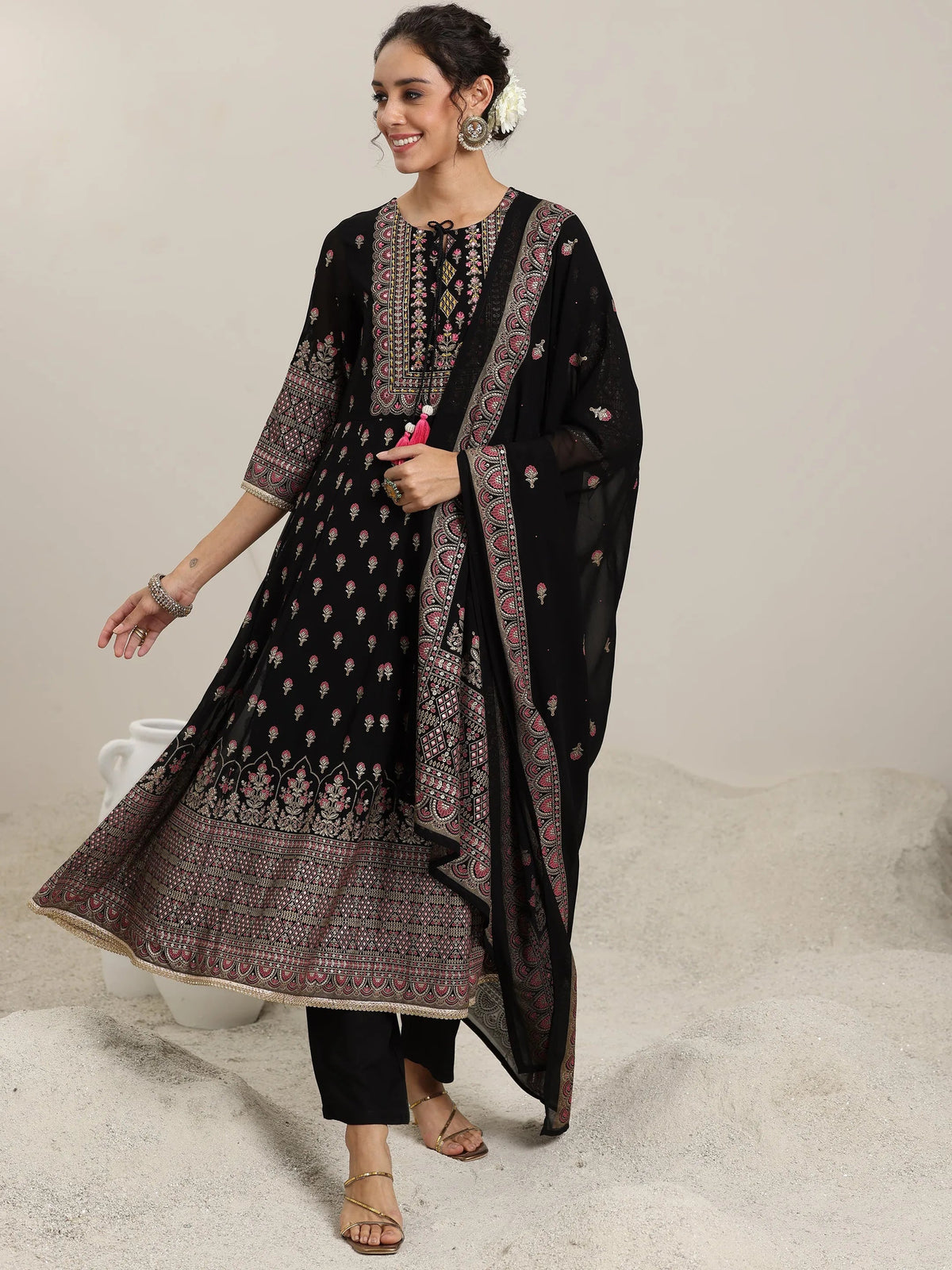 Libas Black Printed Georgette Anarkali Suit With Dupatta