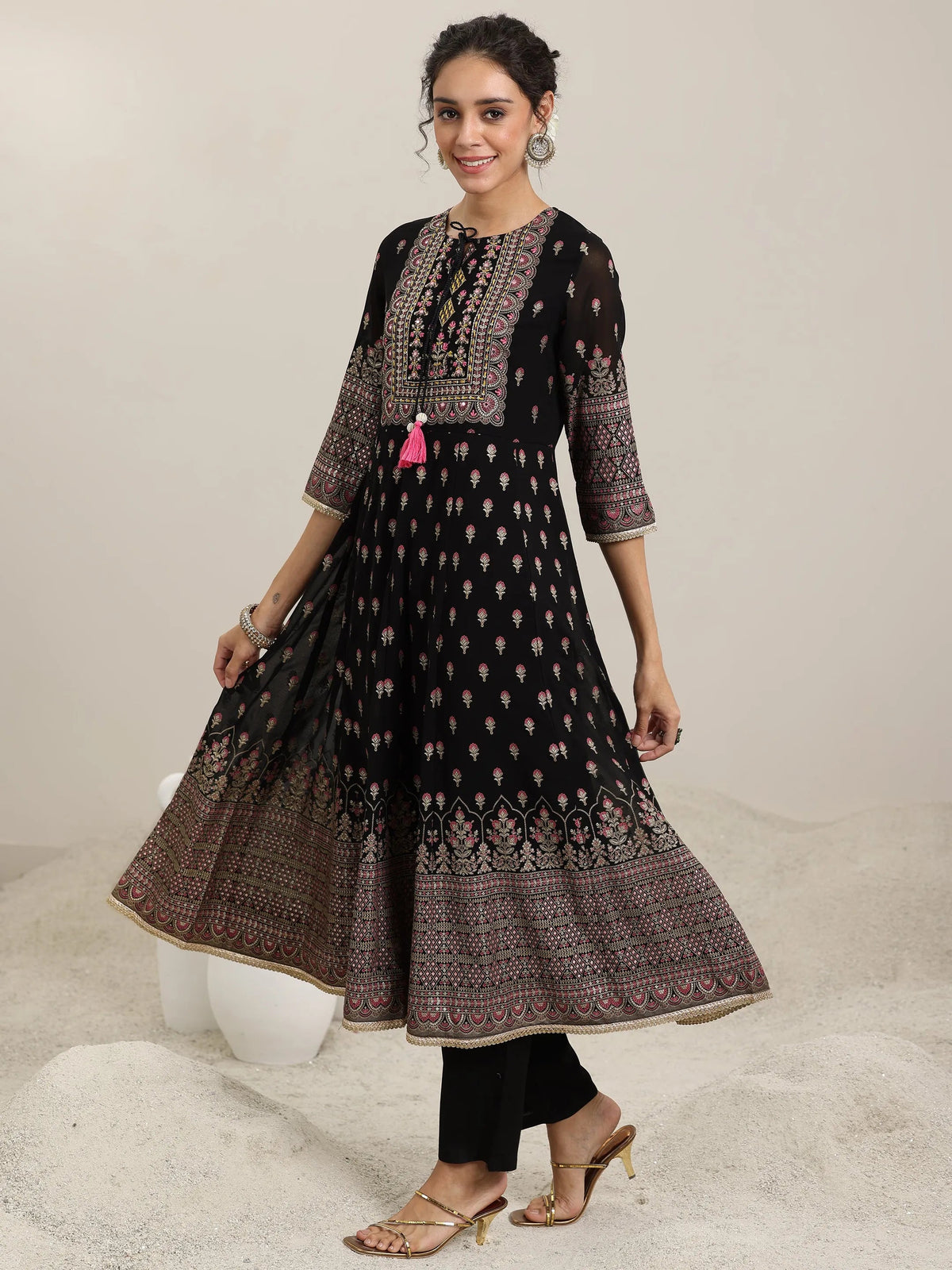 Libas Black Printed Georgette Anarkali Suit With Dupatta