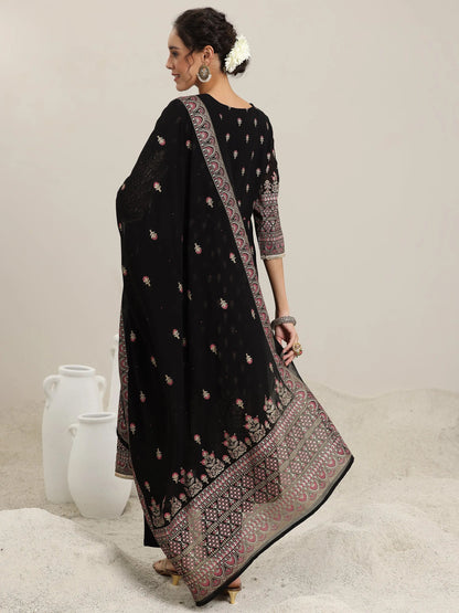 Libas Black Printed Georgette Anarkali Suit With Dupatta