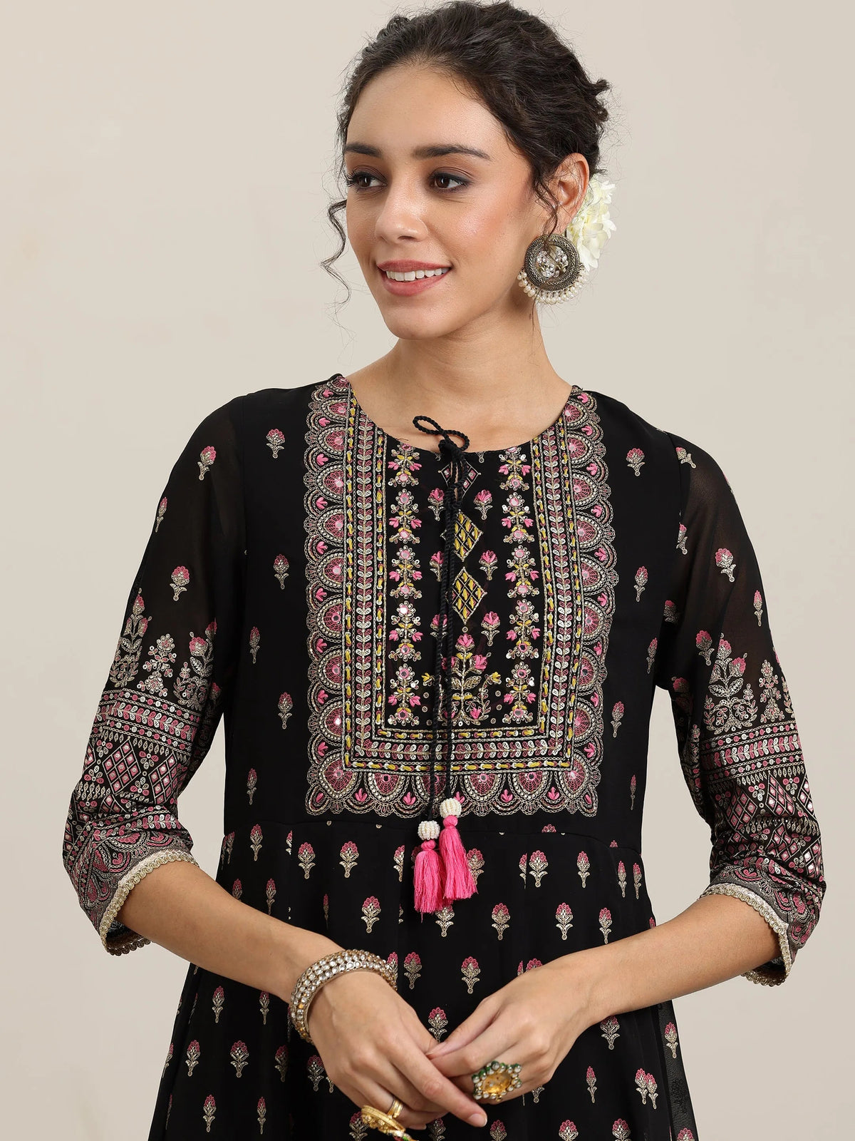 Libas Black Printed Georgette Anarkali Suit With Dupatta