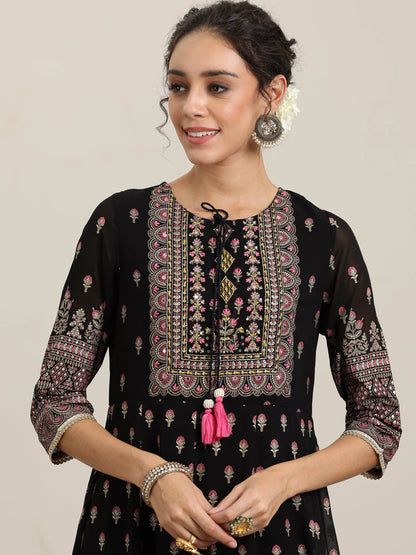 Libas Black Printed Georgette Anarkali Suit With Dupatta