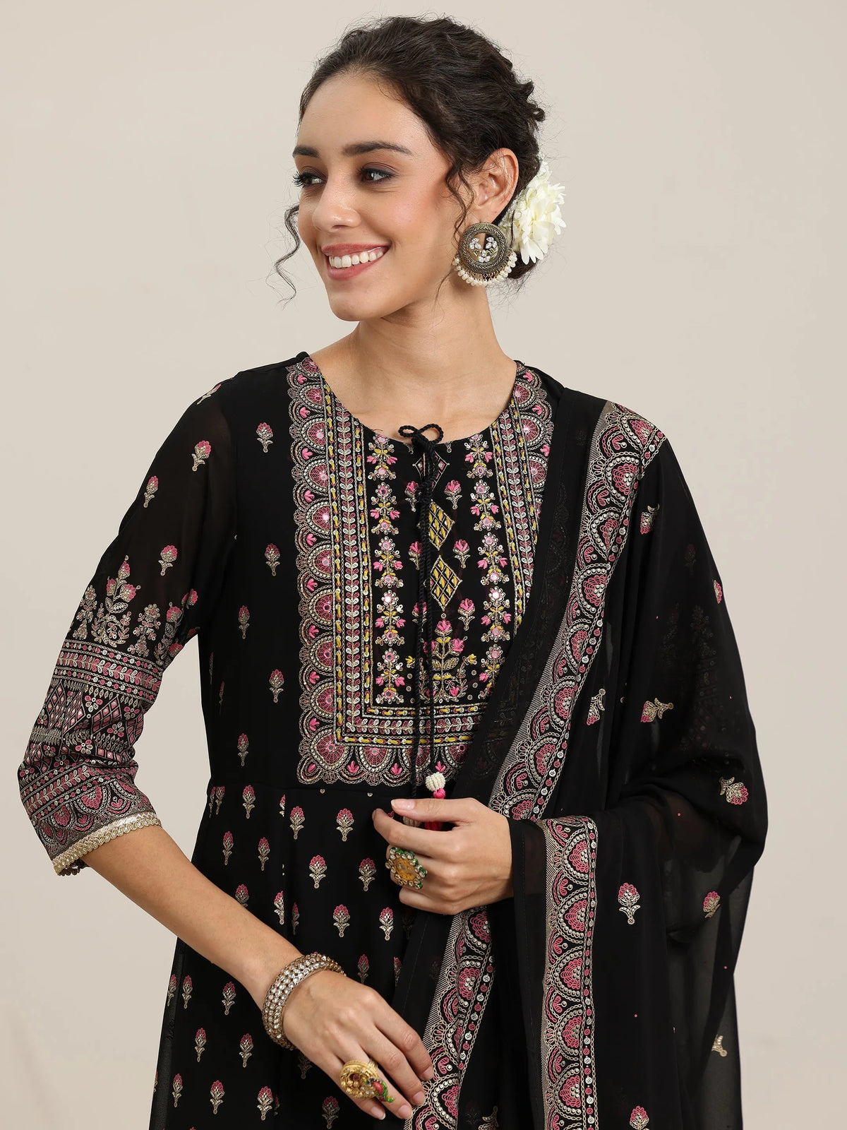 Libas Black Printed Georgette Anarkali Suit With Dupatta