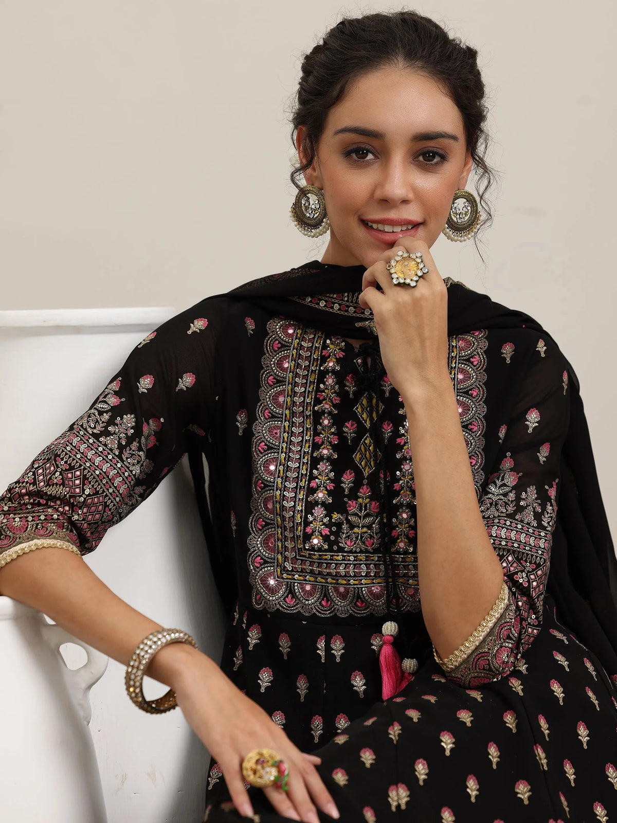 Libas Black Printed Georgette Anarkali Suit With Dupatta
