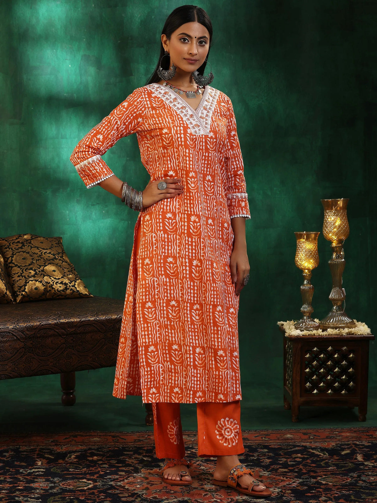 Libas Orange Printed Cotton Straight Suit With Dupatta