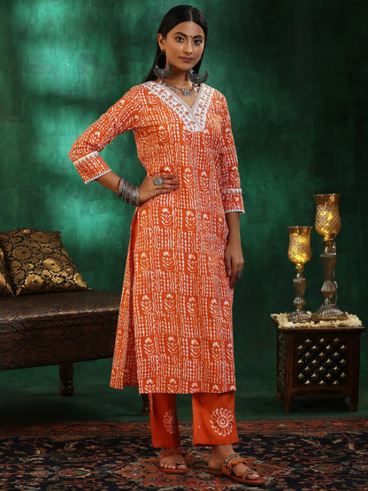 Libas Orange Printed Cotton Straight Suit With Dupatta