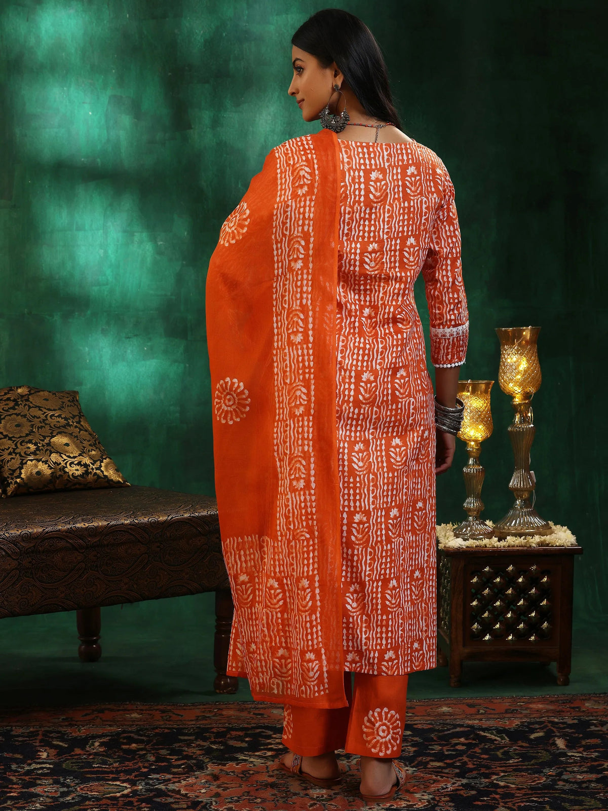 Libas Orange Printed Cotton Straight Suit With Dupatta