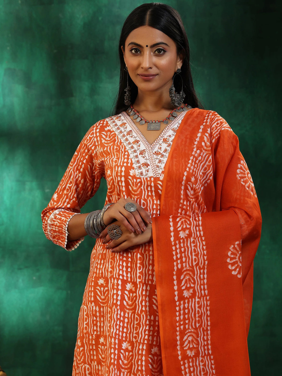 Libas Orange Printed Cotton Straight Suit With Dupatta