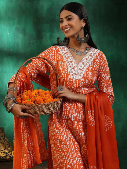 Libas Orange Printed Cotton Straight Suit With Dupatta