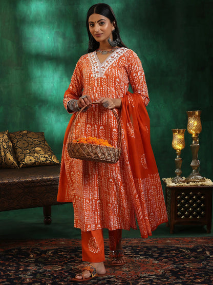 Libas Orange Printed Cotton Straight Suit With Dupatta