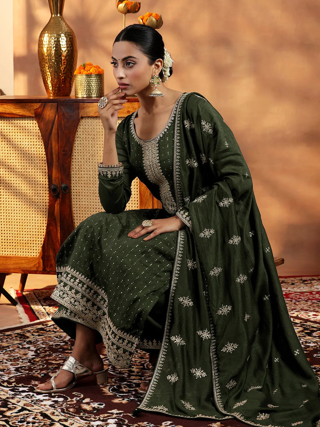 Libas Olive Embroidered Silk Blend Straight Suit With Dupatta