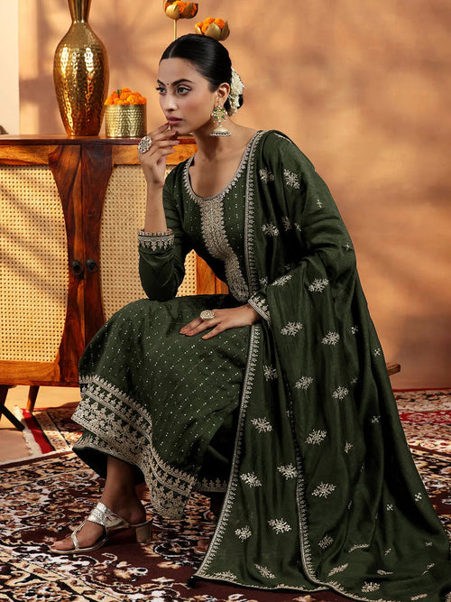 Libas Olive Embroidered Silk Blend Straight Suit With Dupatta