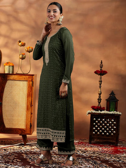 Libas Olive Embroidered Silk Blend Straight Suit With Dupatta