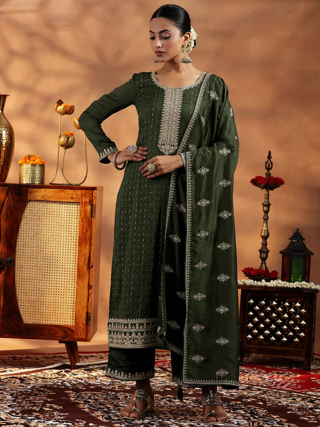 Libas Olive Embroidered Silk Blend Straight Suit With Dupatta