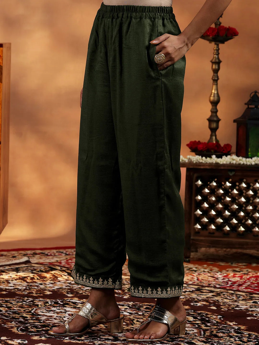 Libas Olive Embroidered Silk Blend Straight Suit With Dupatta