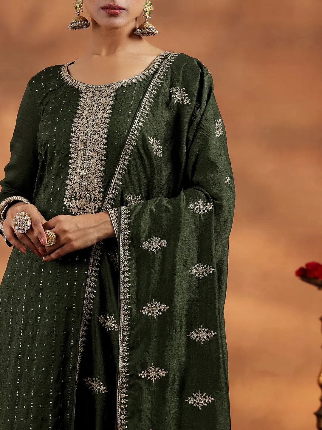 Libas Olive Embroidered Silk Blend Straight Suit With Dupatta