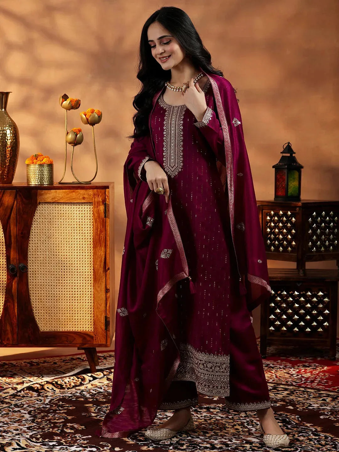Libas Maroon Embroidered Silk Blend Straight Suit With Dupatta