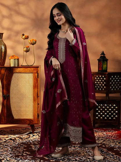 Libas Maroon Embroidered Silk Blend Straight Suit With Dupatta