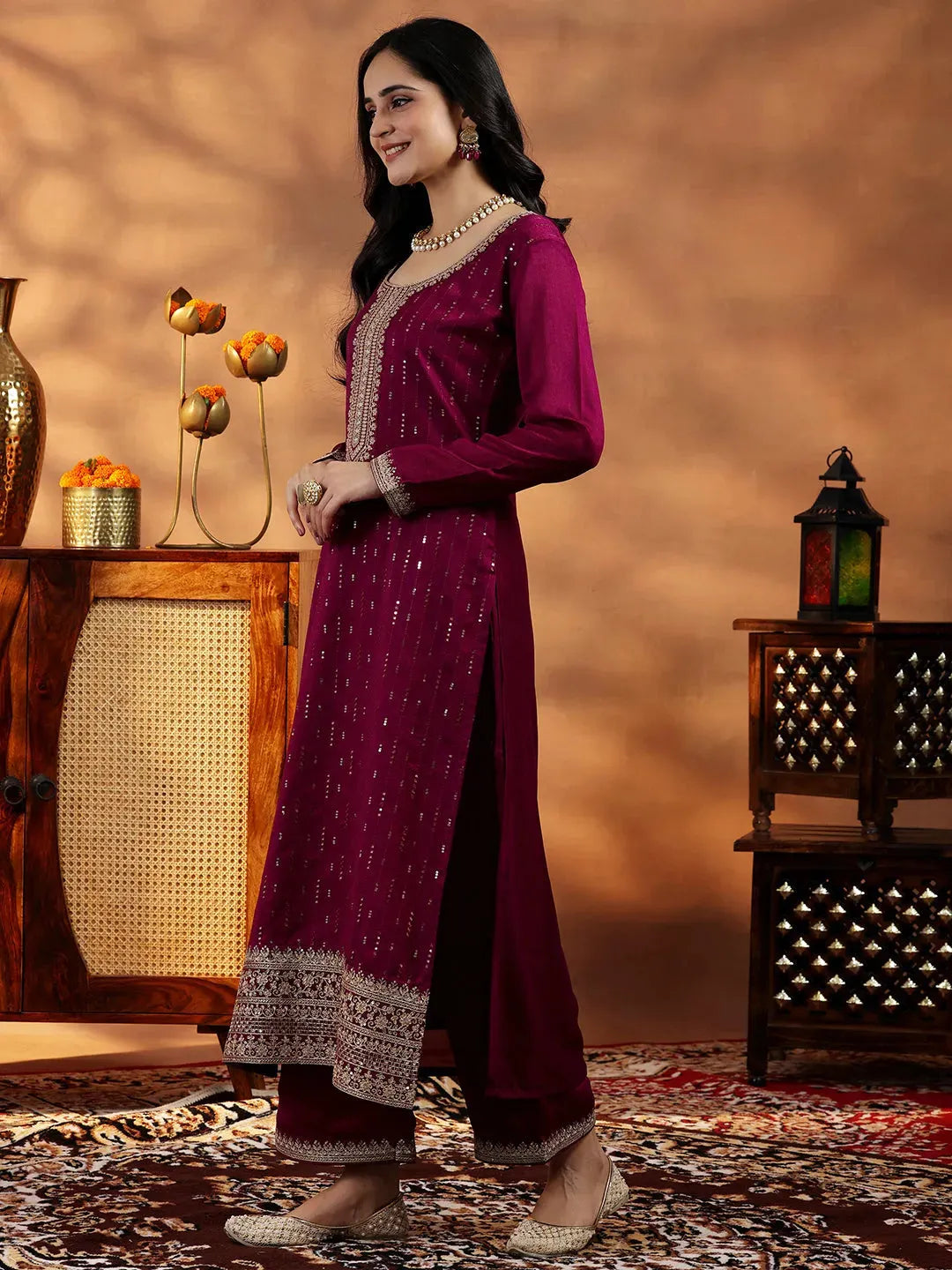 Libas Maroon Embroidered Silk Blend Straight Suit With Dupatta