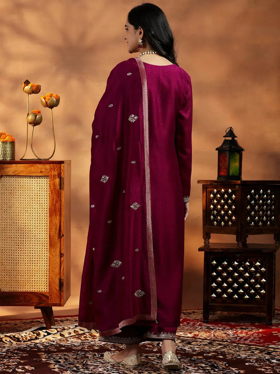 Libas Maroon Embroidered Silk Blend Straight Suit With Dupatta