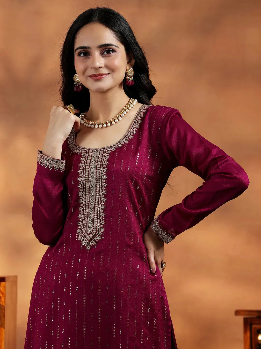Libas Maroon Embroidered Silk Blend Straight Suit With Dupatta