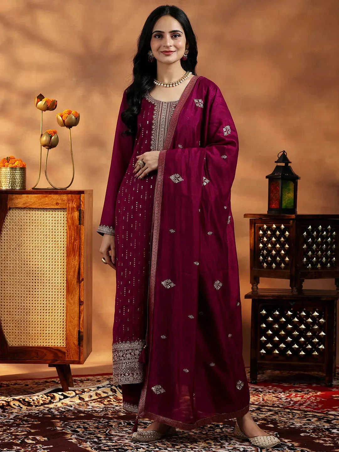 Libas Maroon Embroidered Silk Blend Straight Suit With Dupatta