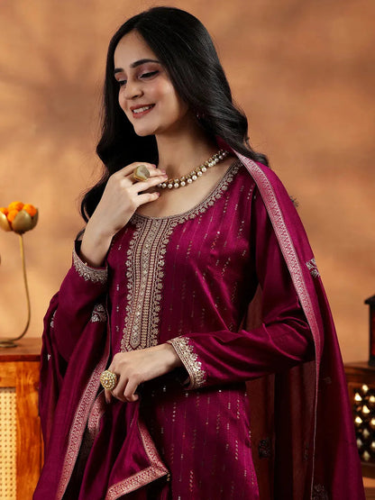 Libas Maroon Embroidered Silk Blend Straight Suit With Dupatta