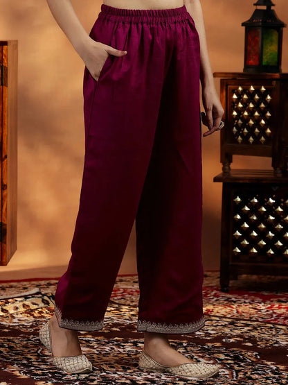 Libas Maroon Embroidered Silk Blend Straight Suit With Dupatta