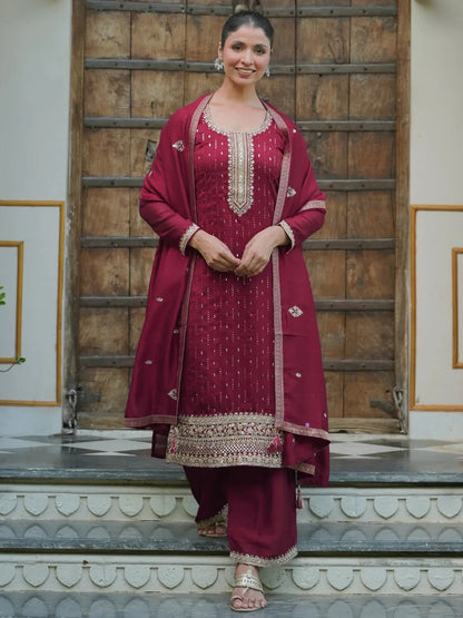 Libas Maroon Embroidered Silk Blend Straight Suit With Dupatta