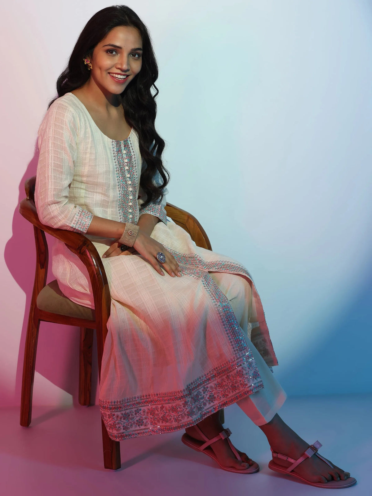 Libas Off White Woven Design Cotton A-Line Kurta With Trousers