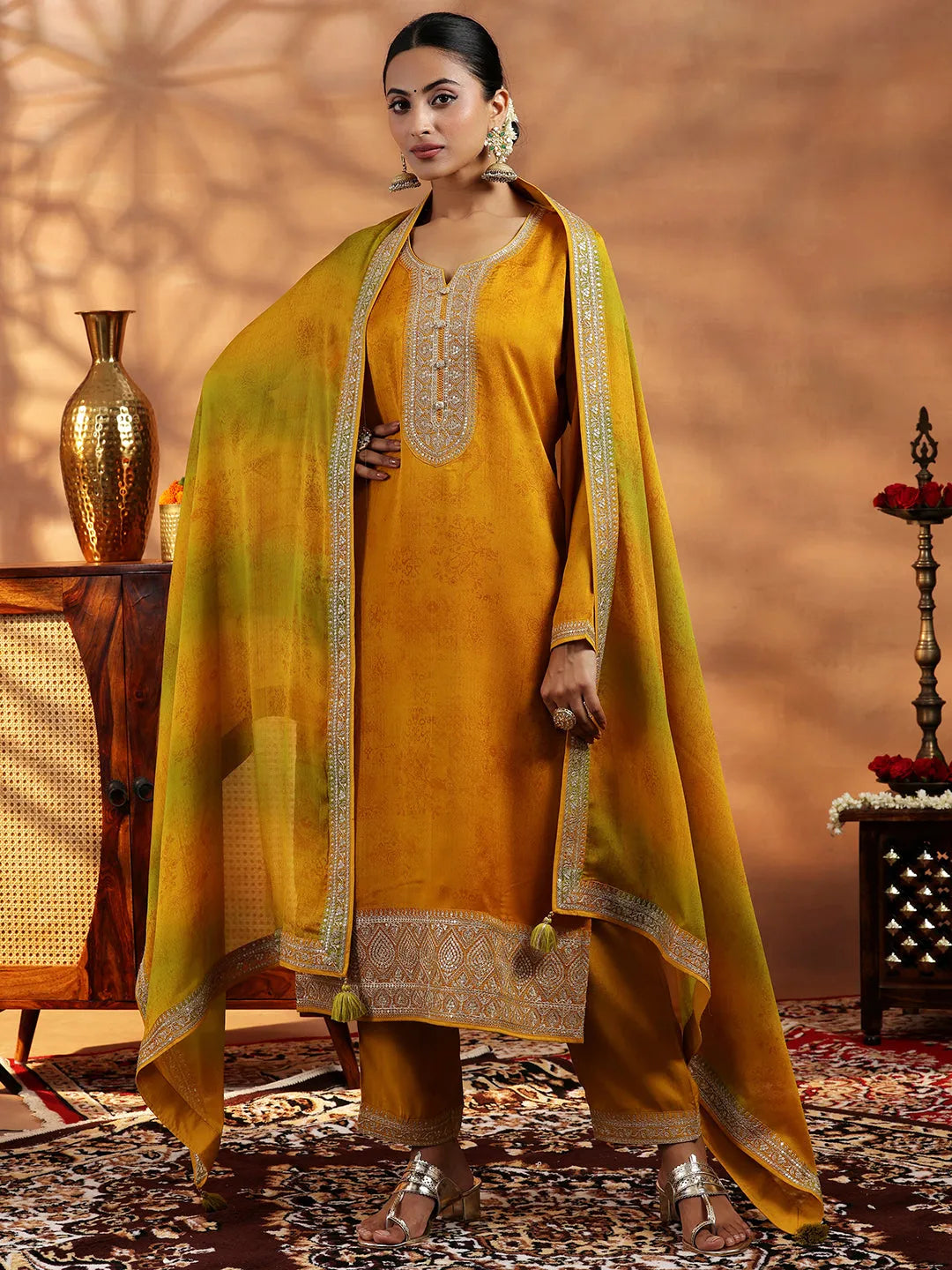 Libas Mustard Embroidered Silk Blend Straight Suit With Dupatta