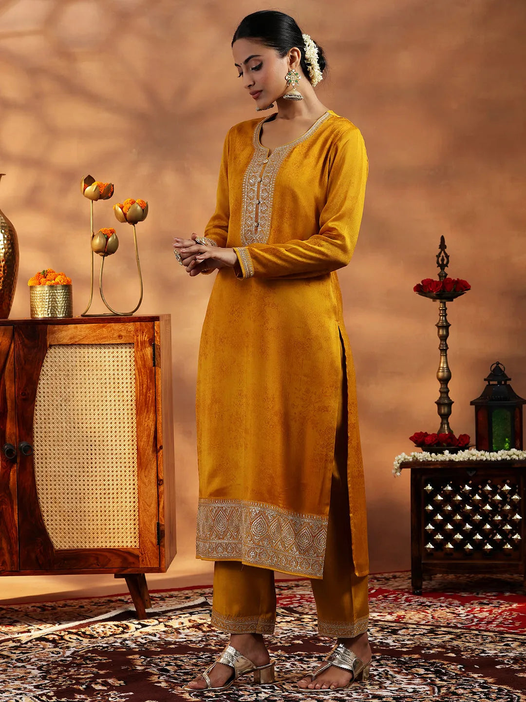 Libas Mustard Embroidered Silk Blend Straight Suit With Dupatta