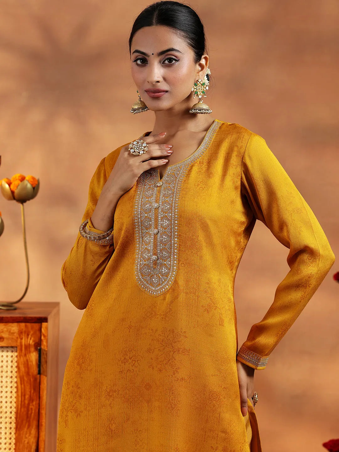 Libas Mustard Embroidered Silk Blend Straight Suit With Dupatta
