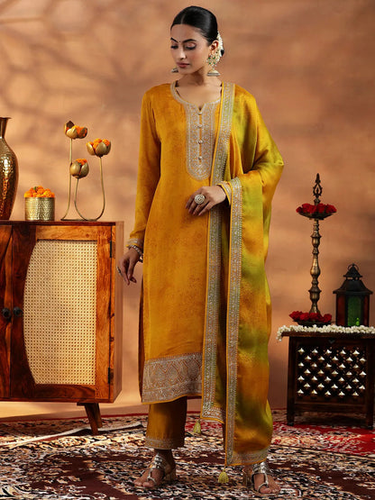 Libas Mustard Embroidered Silk Blend Straight Suit With Dupatta