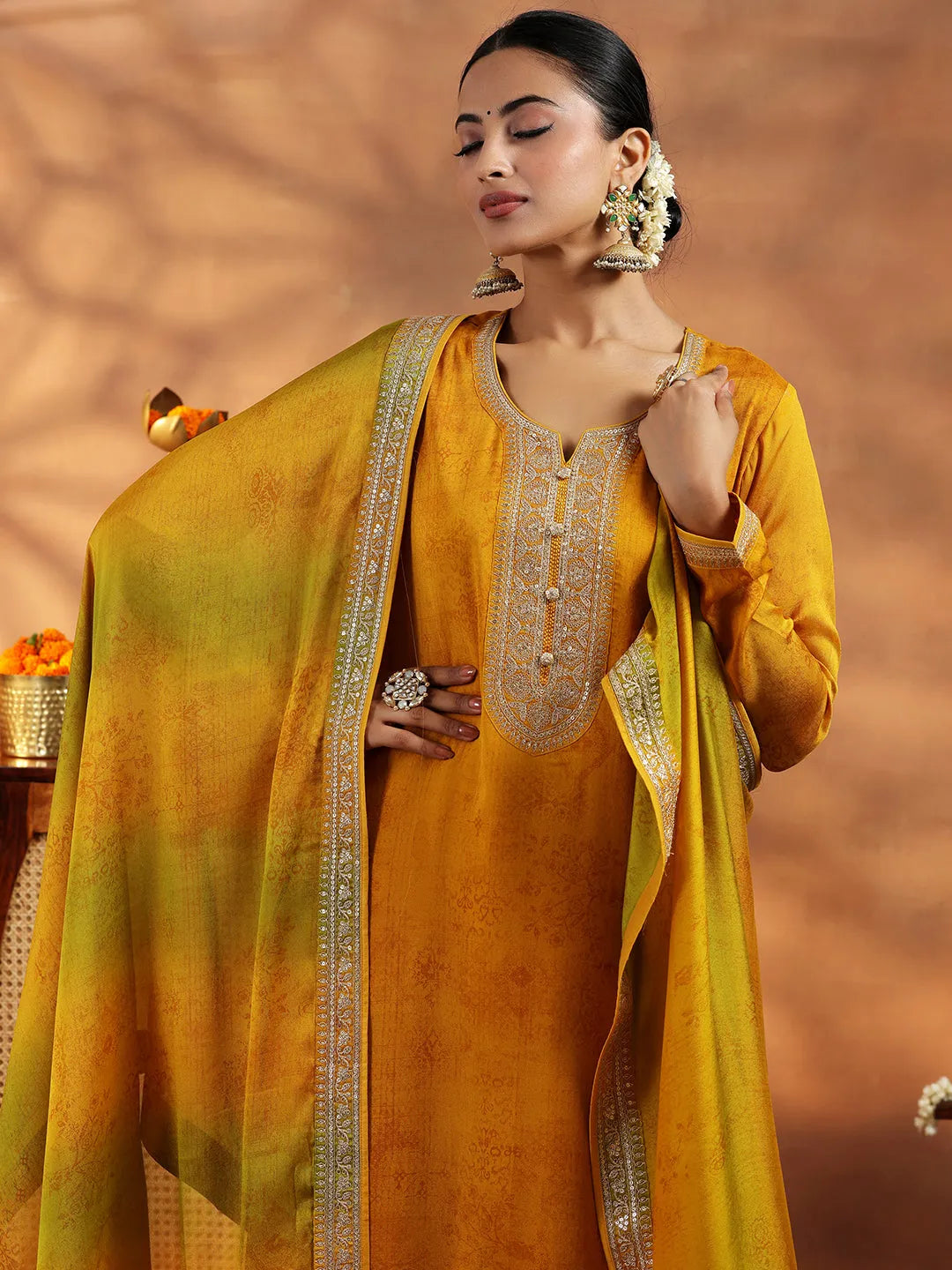 Libas Mustard Embroidered Silk Blend Straight Suit With Dupatta