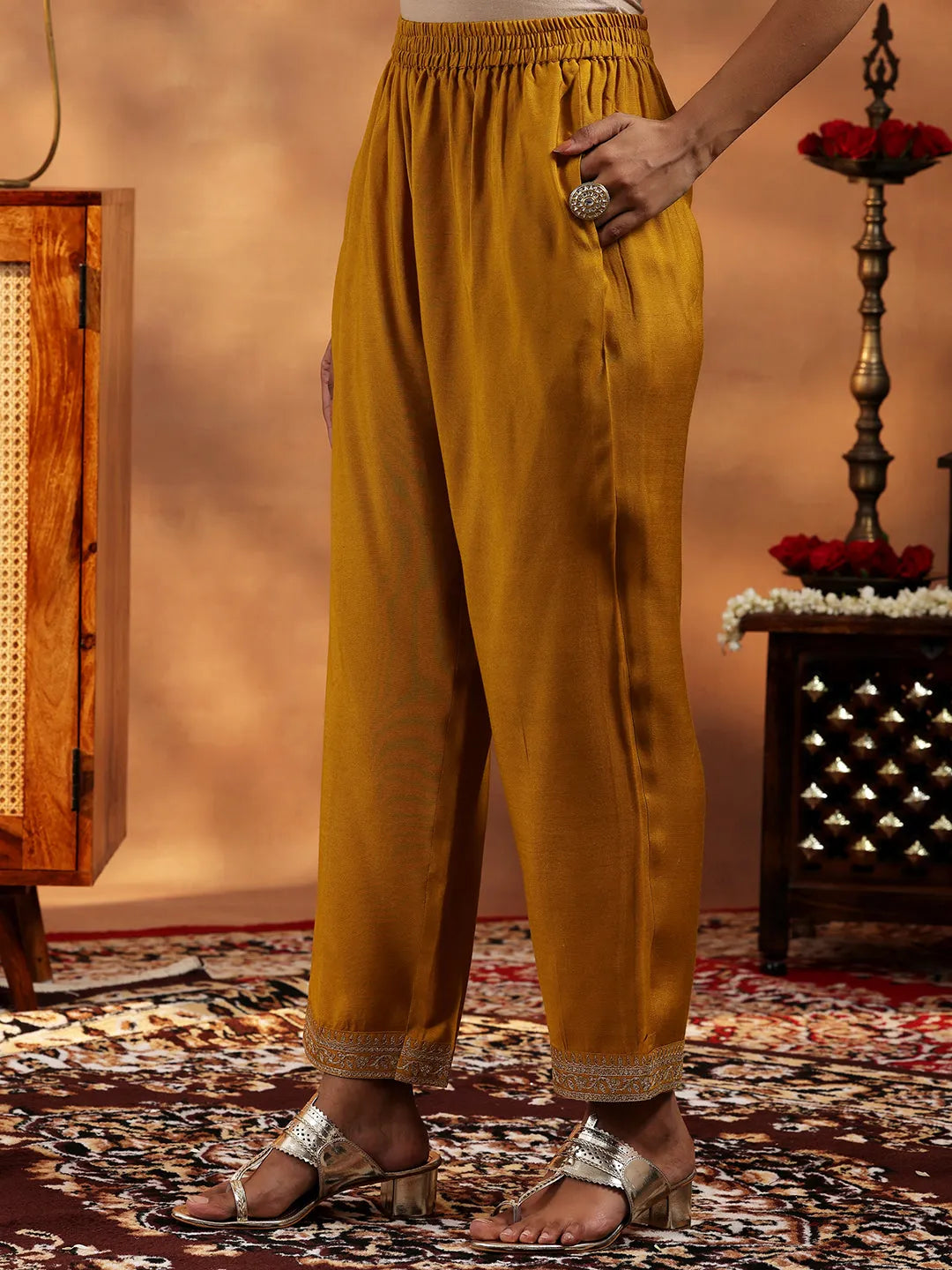 Libas Mustard Embroidered Silk Blend Straight Suit With Dupatta