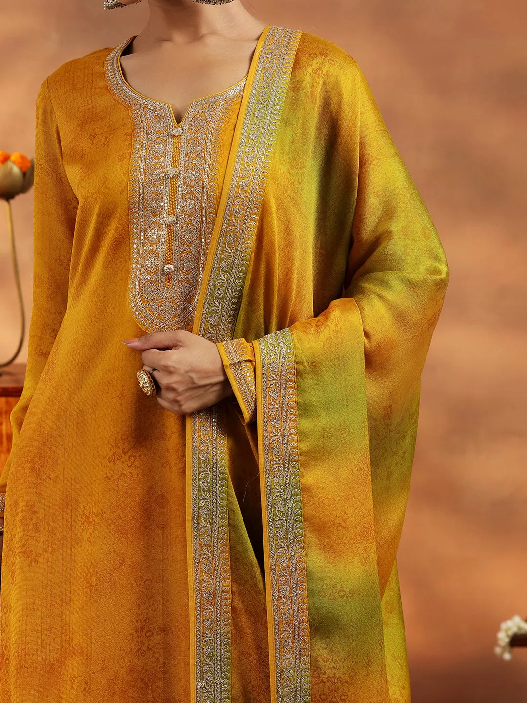 Libas Mustard Embroidered Silk Blend Straight Suit With Dupatta