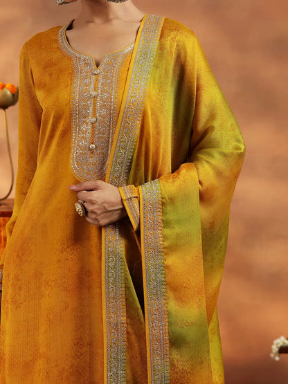 Libas Mustard Embroidered Silk Blend Straight Suit With Dupatta