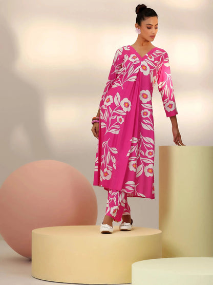 Libas Pink Printed Silk Blend Co-Ords