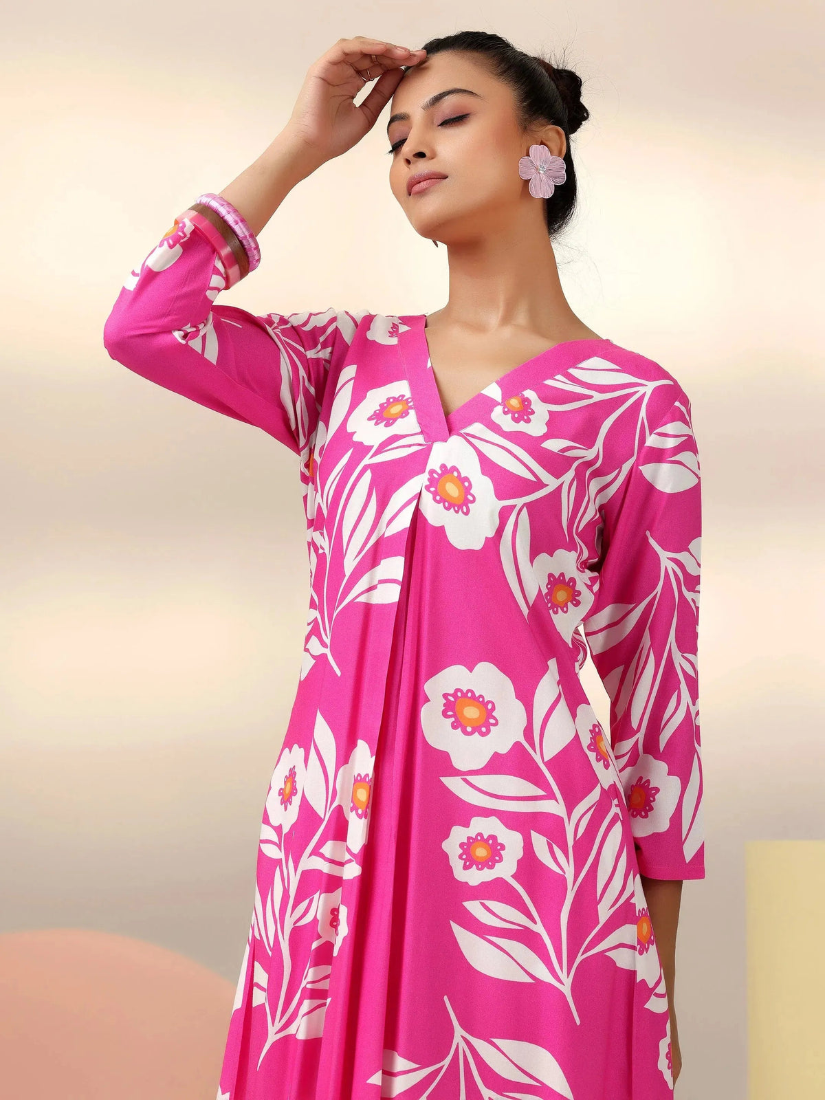 Libas Pink Printed Silk Blend Co-Ords